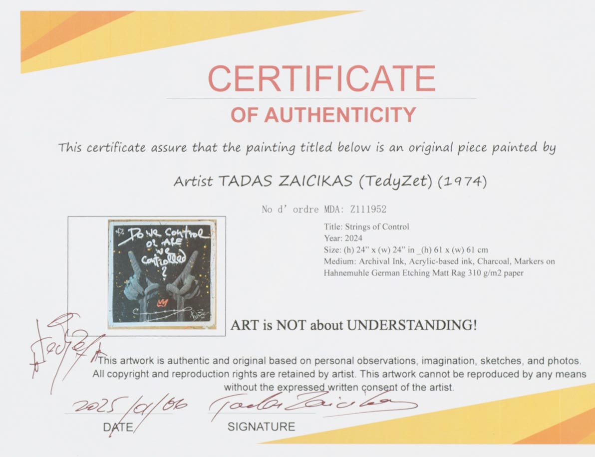 "Strings of Control" 2024 24x24 Original Painting on Paper by Tadas Zaicikas | TedyZet (Zaicikas) at PristineAuction.com "Strings of Control" 2024 24x24 Original Painting on Paper by Tadas Zaicikas | TedyZet (Zaicikas) at PristineAuction.com