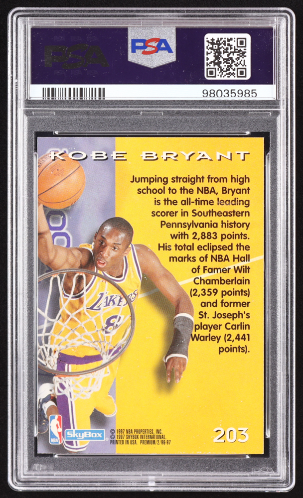 Kobe Bryant 1996-97 SkyBox Premium #203 ROO RC (PSA 8) at PristineAuction.com Kobe Bryant 1996-97 SkyBox Premium #203 ROO RC (PSA 8) at PristineAuction.com