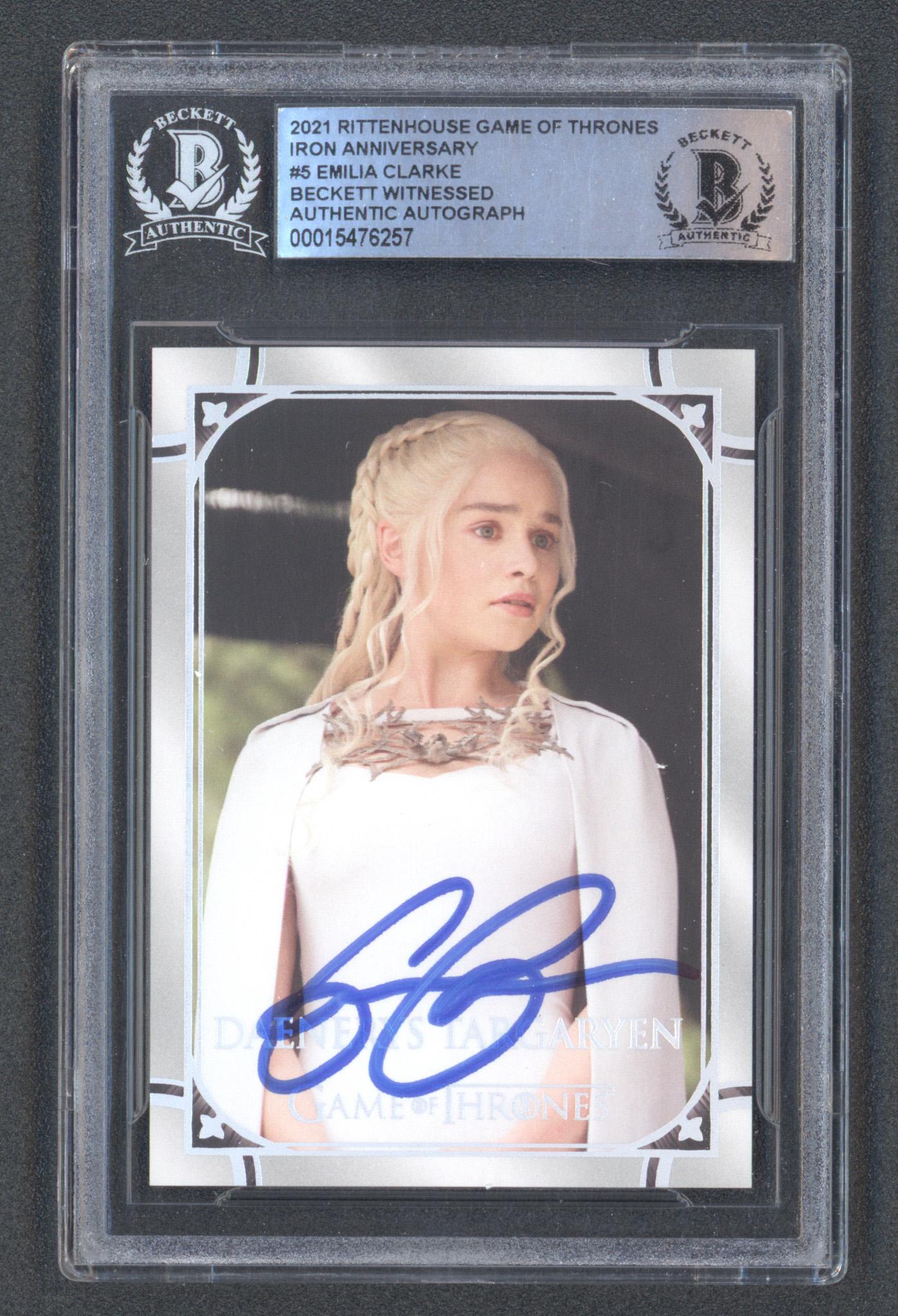 Emilia Clarke Signed 2021 Rittenhouse Game of Thrones Iron Anniversary #5 (BGS) at PristineAuction.com Emilia Clarke Signed 2021 Rittenhouse Game of Thrones Iron Anniversary #5 (BGS) at PristineAuction.com