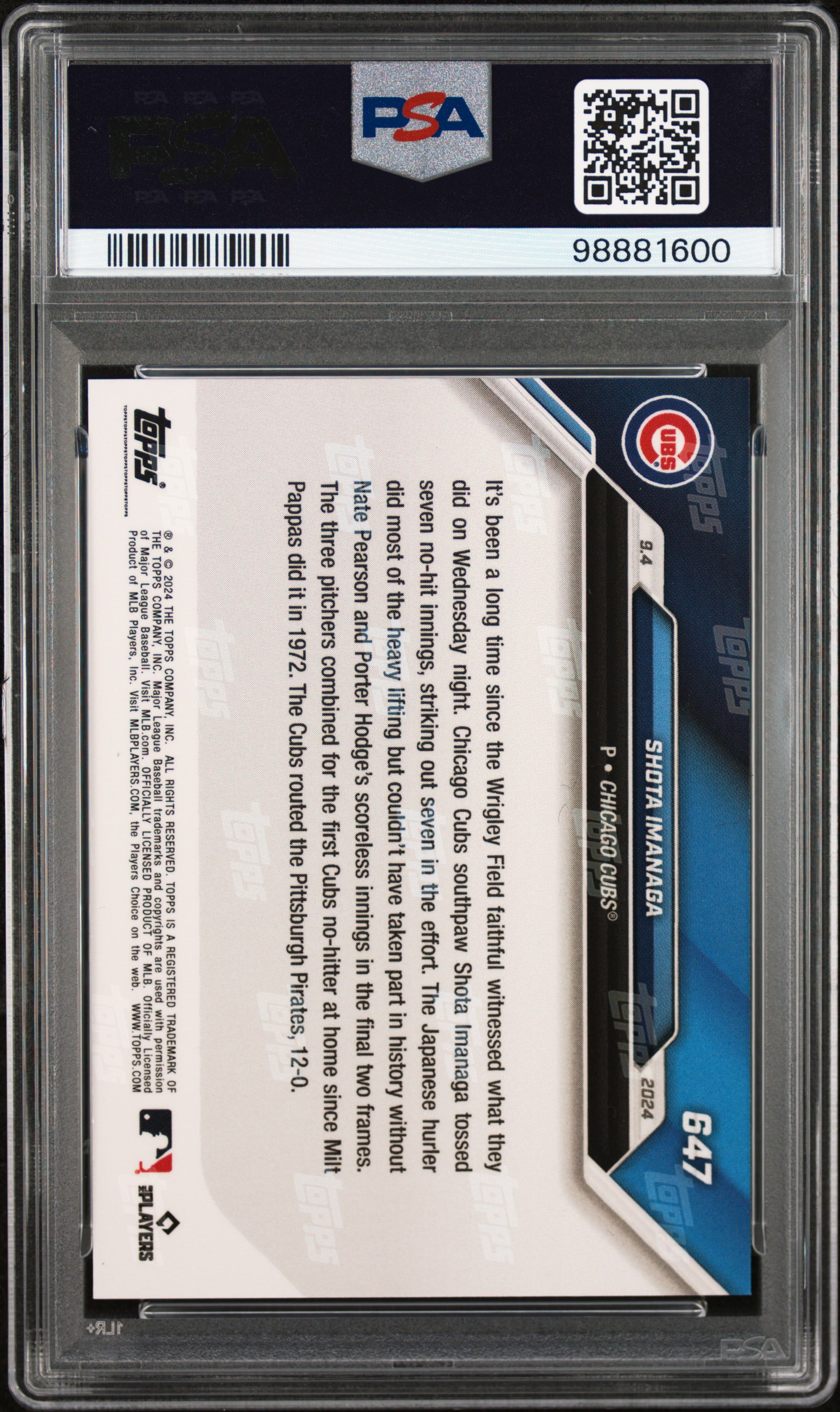 Shota Imanaga 2024 Topps Now #647 Blue #20/49 RC (PSA 9) at PristineAuction.com Shota Imanaga 2024 Topps Now #647 Blue #20/49 RC (PSA 9) at PristineAuction.com