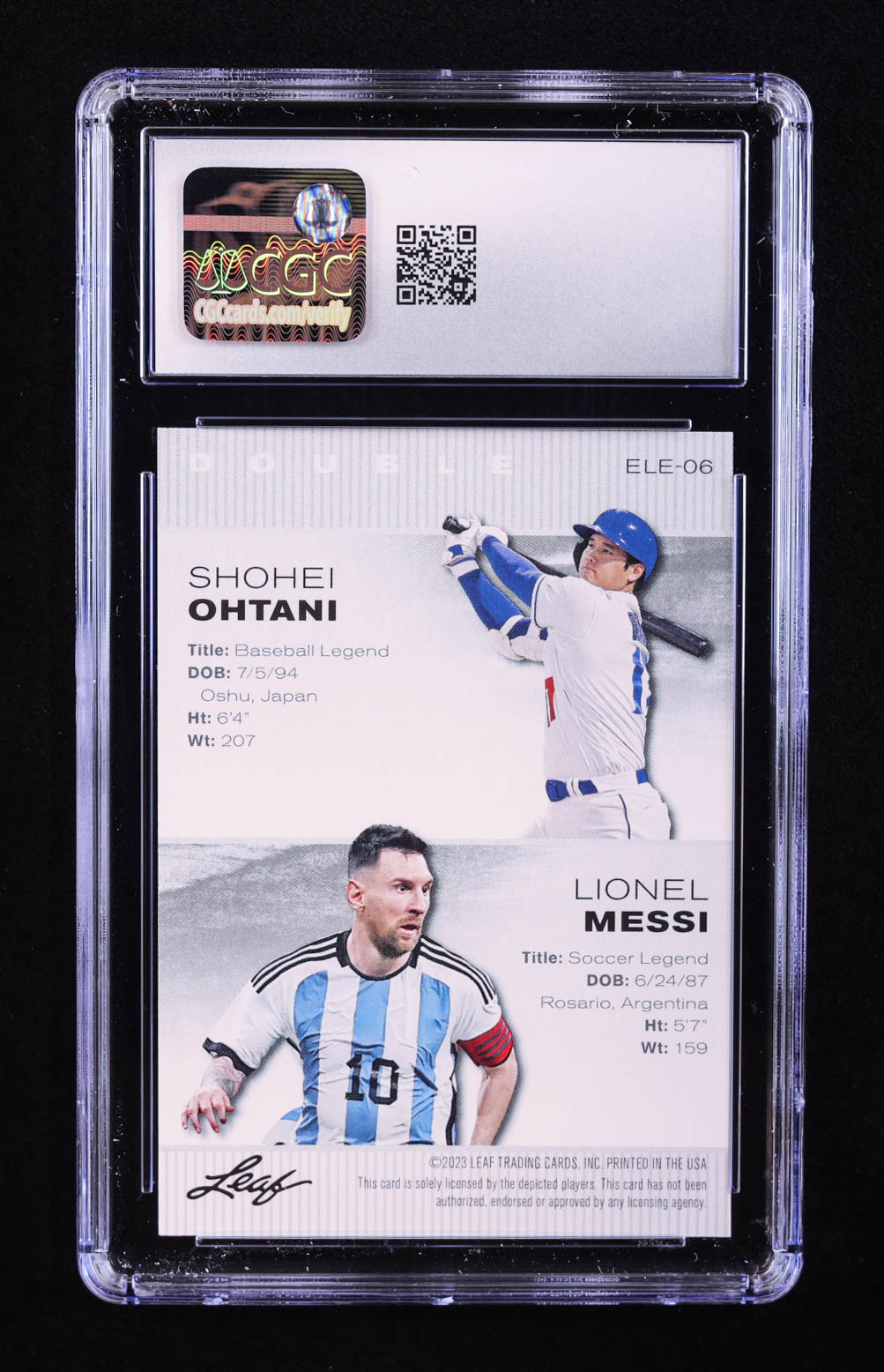 Shohei Ohtani / Lionel Messi 2023 Leaf Special Release Exclusive Legends Edition #ELE06 (CGC 10) at PristineAuction.com Shohei Ohtani / Lionel Messi 2023 Leaf Special Release Exclusive Legends Edition #ELE06 (CGC 10) at PristineAuction.com