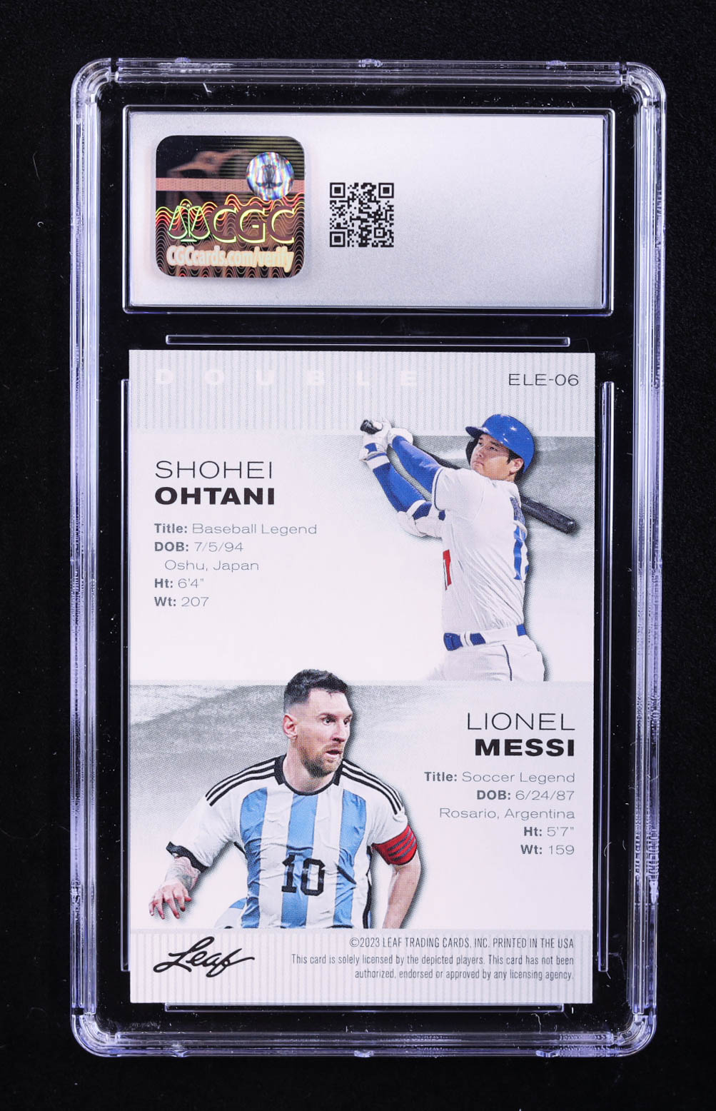 Shohei Ohtani / Lionel Messi 2023 Leaf Special Release Exclusive Legends Edition #ELE06 (CGC 10) at PristineAuction.com Shohei Ohtani / Lionel Messi 2023 Leaf Special Release Exclusive Legends Edition #ELE06 (CGC 10) at PristineAuction.com