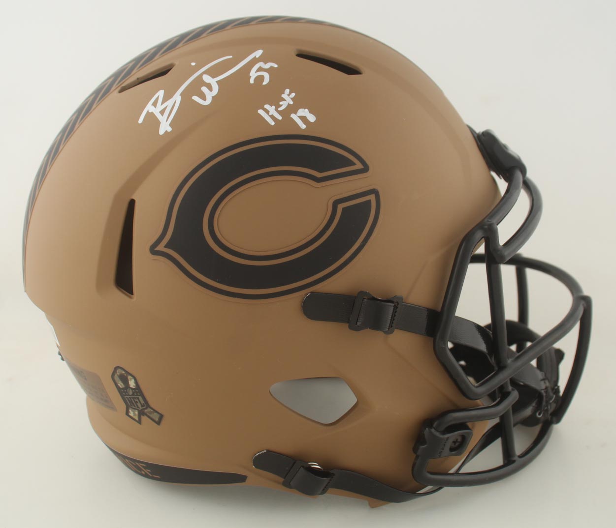 Brian Urlacher Signed Bears Full-Size Salute to Service Alternate Speed Helmet Inscribed "HOF 18" (Beckett) at PristineAuction.com Brian Urlacher Signed Bears Full-Size Salute to Service Alternate Speed Helmet Inscribed "HOF 18" (Beckett) at PristineAuction.com