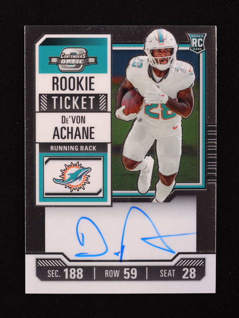 De'Von Achane 2023 Panini Contenders Optic #109 AU RC at PristineAuction.com De'Von Achane 2023 Panini Contenders Optic #109 AU RC at PristineAuction.com