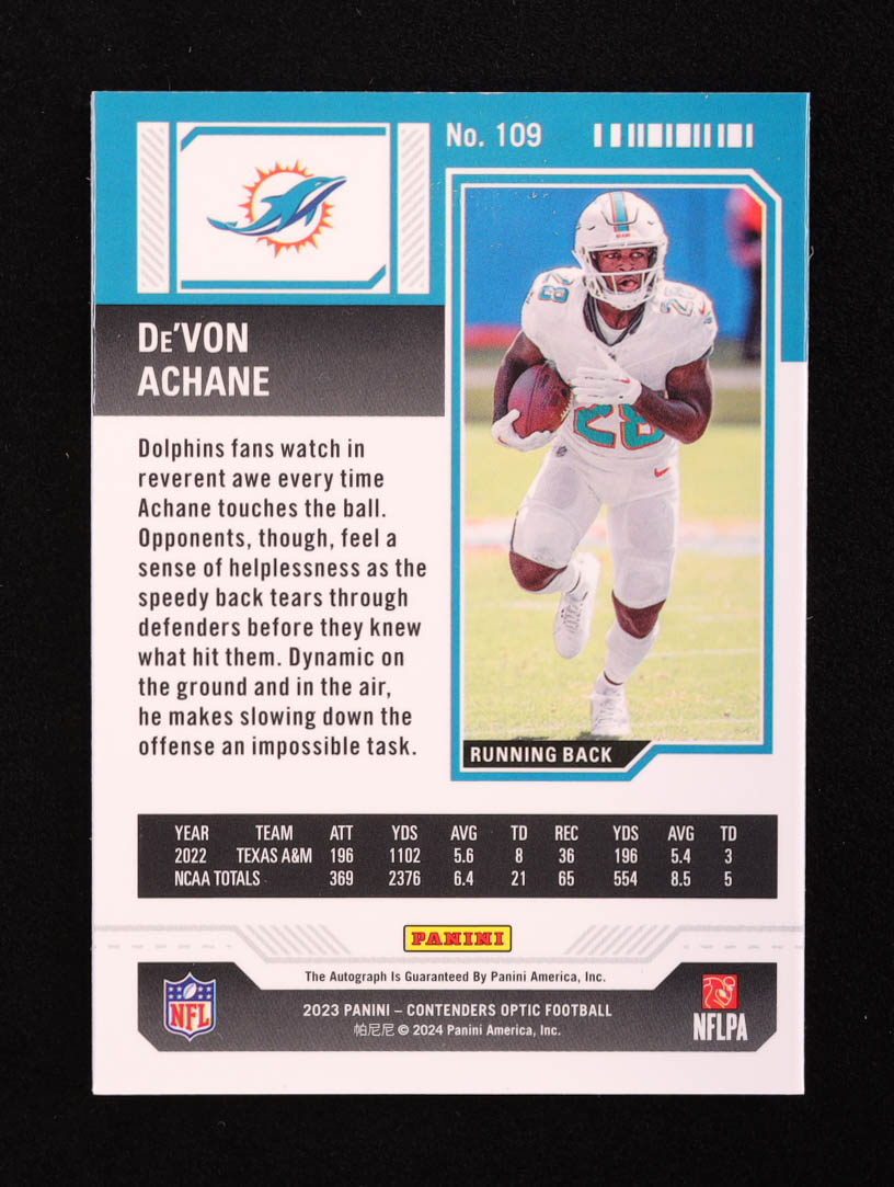 De'Von Achane 2023 Panini Contenders Optic #109 AU RC at PristineAuction.com De'Von Achane 2023 Panini Contenders Optic #109 AU RC at PristineAuction.com