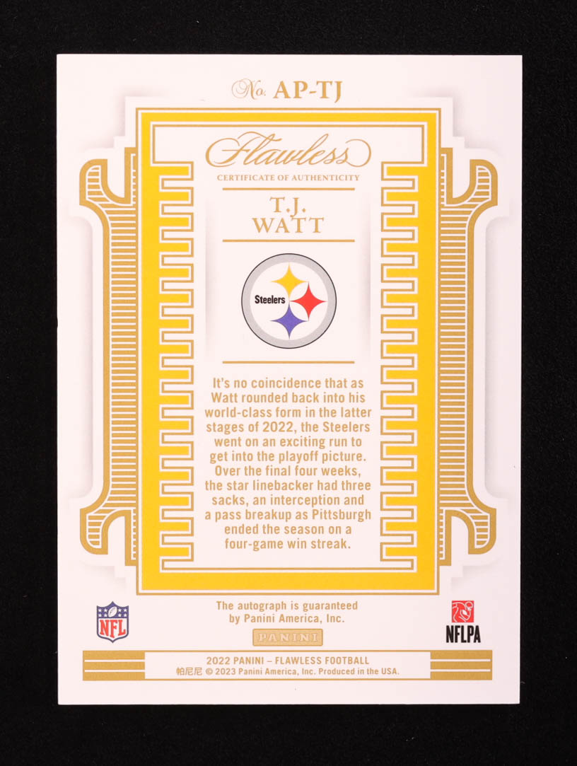 T.J. Watt 2022 Panini Flawless All Pro Ink Gold #APTJ #07/15 at PristineAuction.com T.J. Watt 2022 Panini Flawless All Pro Ink Gold #APTJ #07/15 at PristineAuction.com