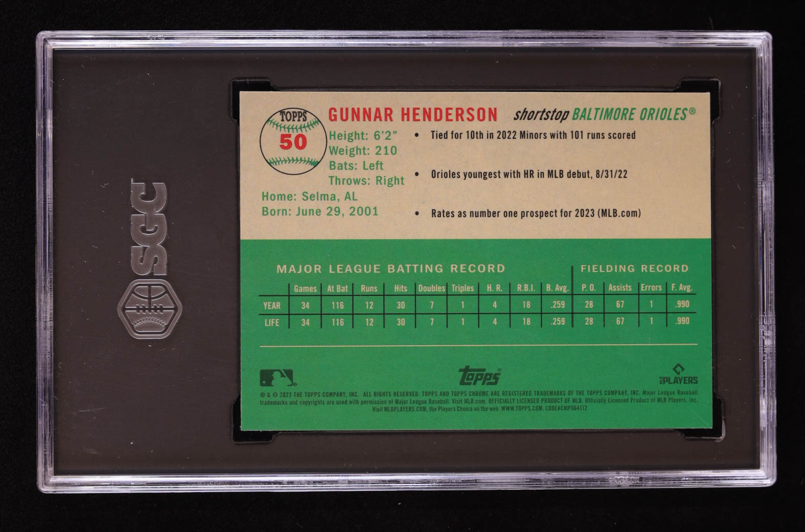 Gunnar Henderson 2023 Topps Chrome Platinum Anniversary #50 RC (SGC 10) at PristineAuction.com Gunnar Henderson 2023 Topps Chrome Platinum Anniversary #50 RC (SGC 10) at PristineAuction.com