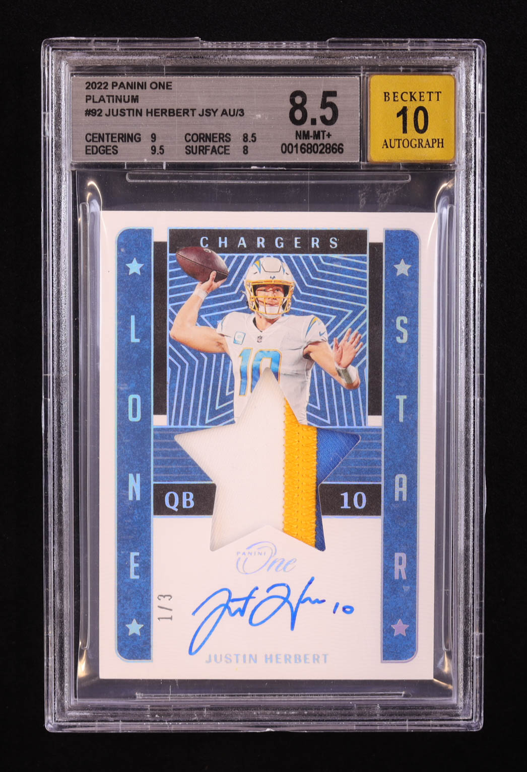 Justin Herbert 2022 Panini One Platinum #92 JSY AU #1/3 (BGS 8.5 | Autograph Grade 10) at PristineAuction.com Justin Herbert 2022 Panini One Platinum #92 JSY AU #1/3 (BGS 8.5 | Autograph Grade 10) at PristineAuction.com