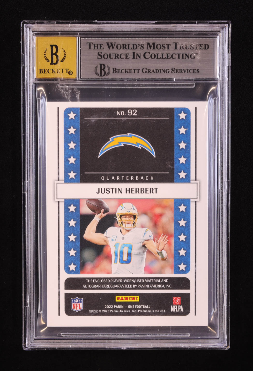 Justin Herbert 2022 Panini One Platinum #92 JSY AU #1/3 (BGS 8.5 | Autograph Grade 10) at PristineAuction.com Justin Herbert 2022 Panini One Platinum #92 JSY AU #1/3 (BGS 8.5 | Autograph Grade 10) at PristineAuction.com