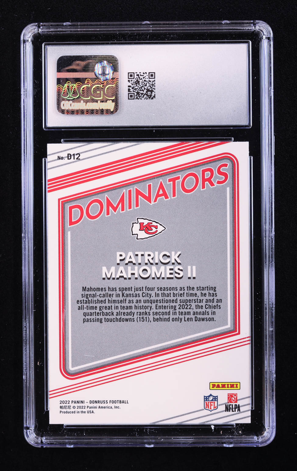 Patrick Mahomes II 2022 Donruss Dominators #1 (CGC 10) at PristineAuction.com Patrick Mahomes II 2022 Donruss Dominators #1 (CGC 10) at PristineAuction.com