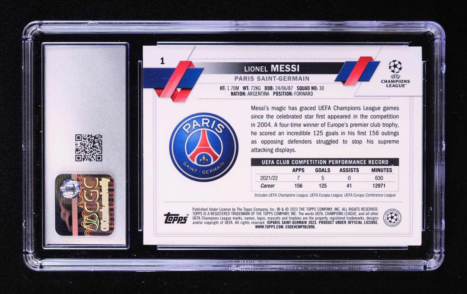 Lionel Messi 2022-23 Topps UEFA Club Competitions Starball #1 (CGC 10) at PristineAuction.com Lionel Messi 2022-23 Topps UEFA Club Competitions Starball #1 (CGC 10) at PristineAuction.com