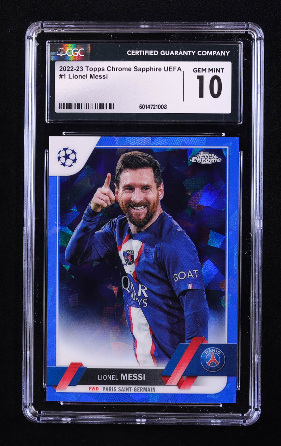 Lionel Messi 2022-23 Topps Chrome Sapphire UEFA Club Competitions #1 (CGC 10) at PristineAuction.com Lionel Messi 2022-23 Topps Chrome Sapphire UEFA Club Competitions #1 (CGC 10) at PristineAuction.com