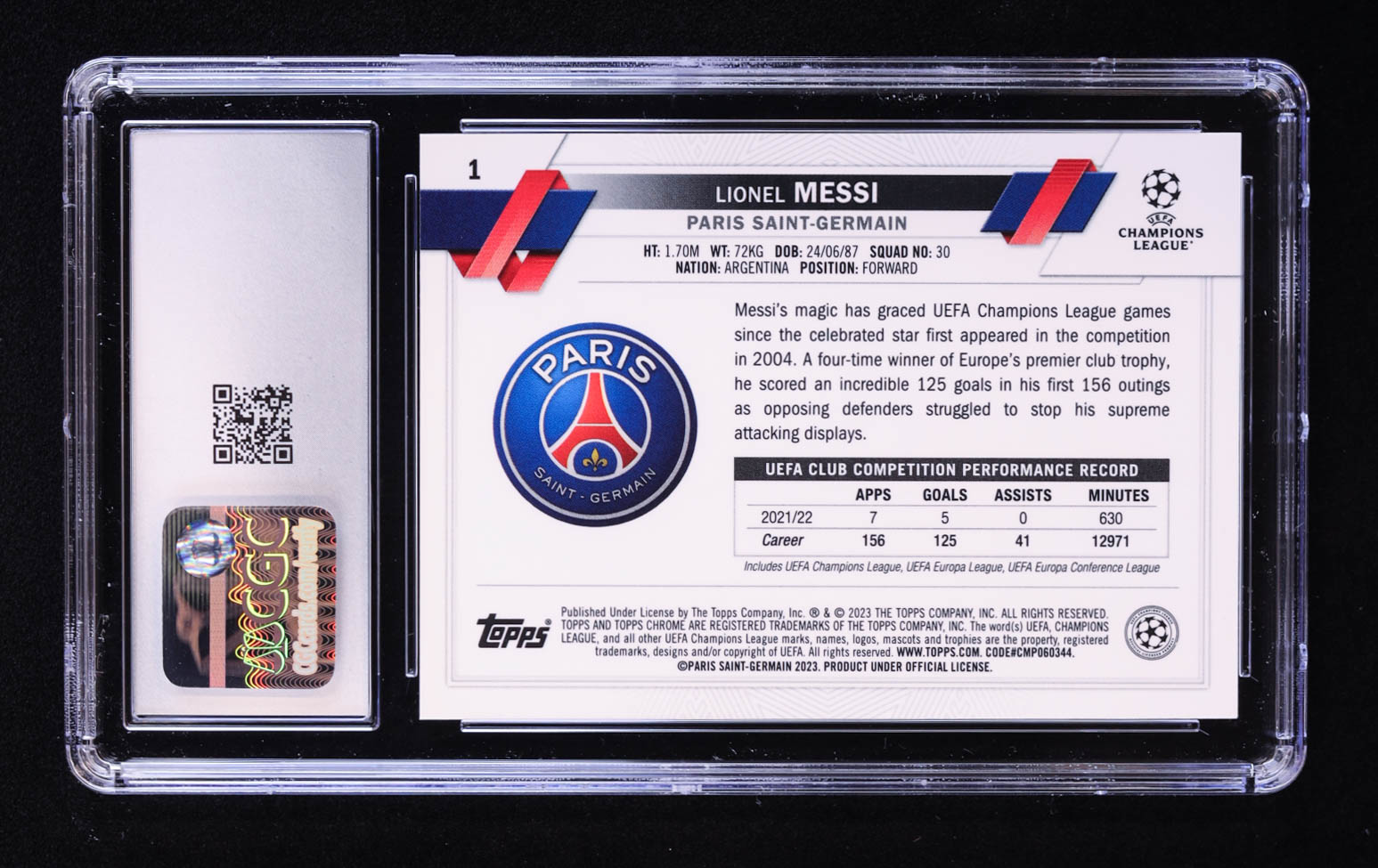 Lionel Messi 2022-23 Topps Chrome Sapphire UEFA Club Competitions #1 (CGC 10) at PristineAuction.com Lionel Messi 2022-23 Topps Chrome Sapphire UEFA Club Competitions #1 (CGC 10) at PristineAuction.com