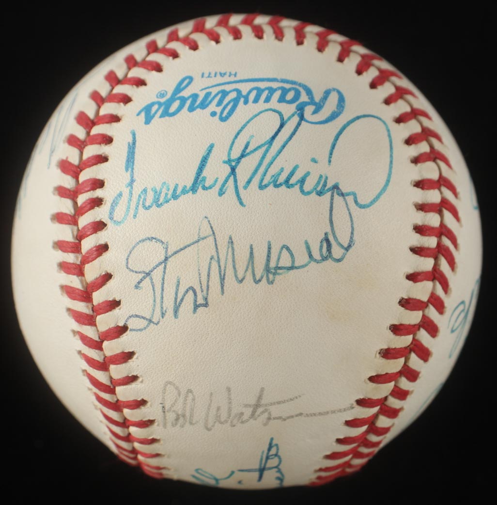 Baseball Legends OAL Baseball Signed by (12) With Ted Williams, Greg Maddux, Stan Musial, Bobby Doerr With Wood & Glass Display Case (PSA) at PristineAuction.com Baseball Legends OAL Baseball Signed by (12) With Ted Williams, Greg Maddux, Stan Musial, Bobby Doerr With Wood & Glass Display Case (PSA) at PristineAuction.com