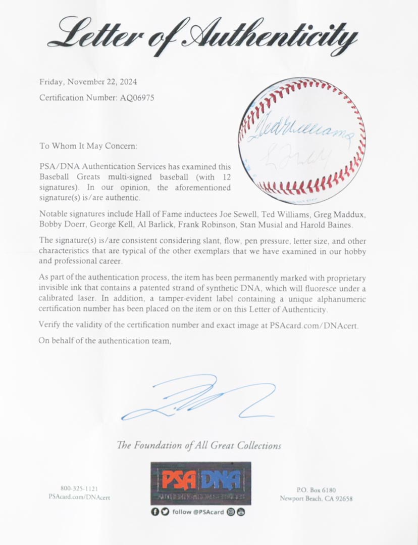 Baseball Legends OAL Baseball Signed by (12) With Ted Williams, Greg Maddux, Stan Musial, Bobby Doerr With Wood & Glass Display Case (PSA) at PristineAuction.com Baseball Legends OAL Baseball Signed by (12) With Ted Williams, Greg Maddux, Stan Musial, Bobby Doerr With Wood & Glass Display Case (PSA) at PristineAuction.com