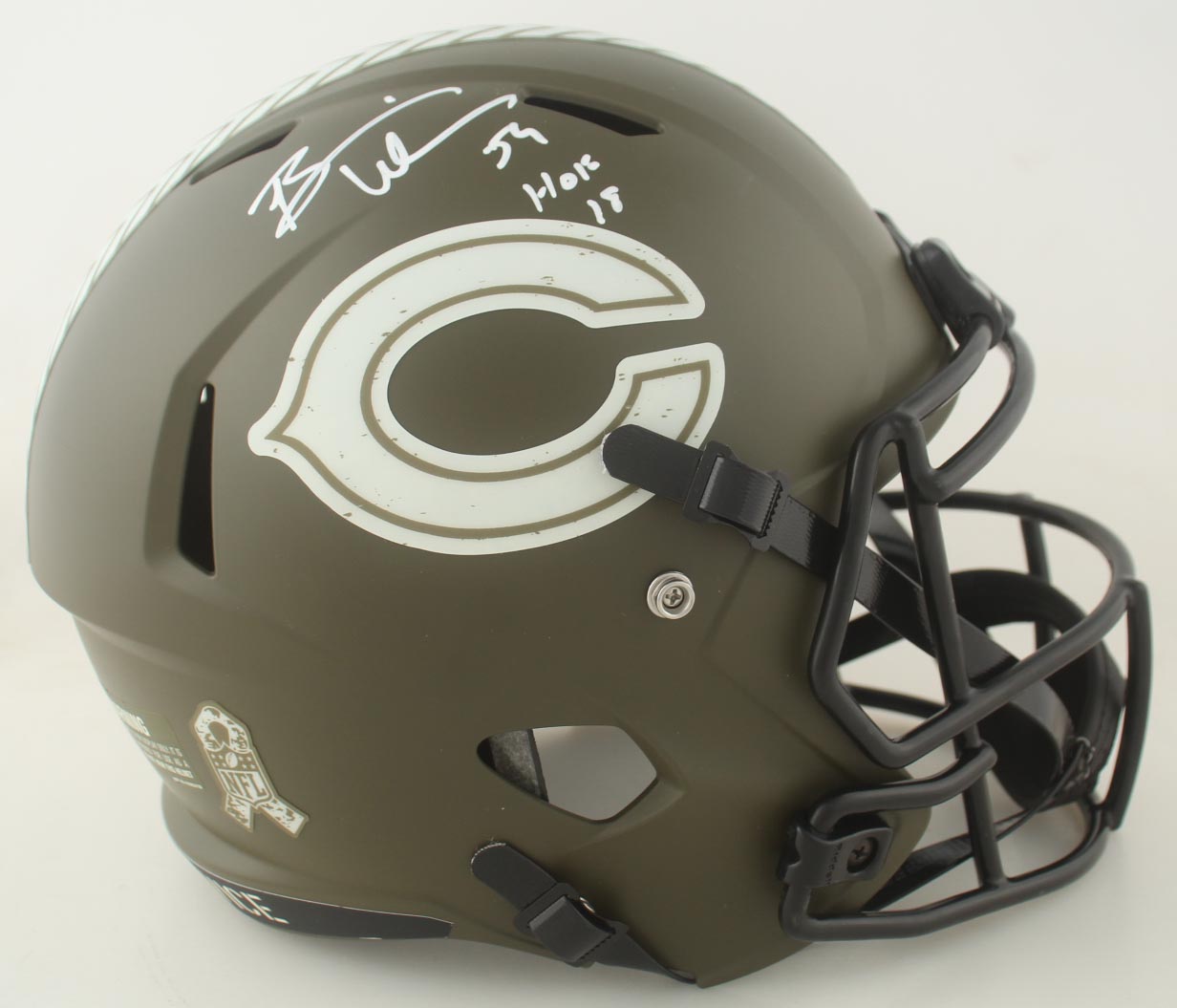 Brian Urlacher Signed Bears Full-Size Salute to Service Alternate Speed Helmet Inscribed "HOF 18" (Beckett) at PristineAuction.com Brian Urlacher Signed Bears Full-Size Salute to Service Alternate Speed Helmet Inscribed "HOF 18" (Beckett) at PristineAuction.com
