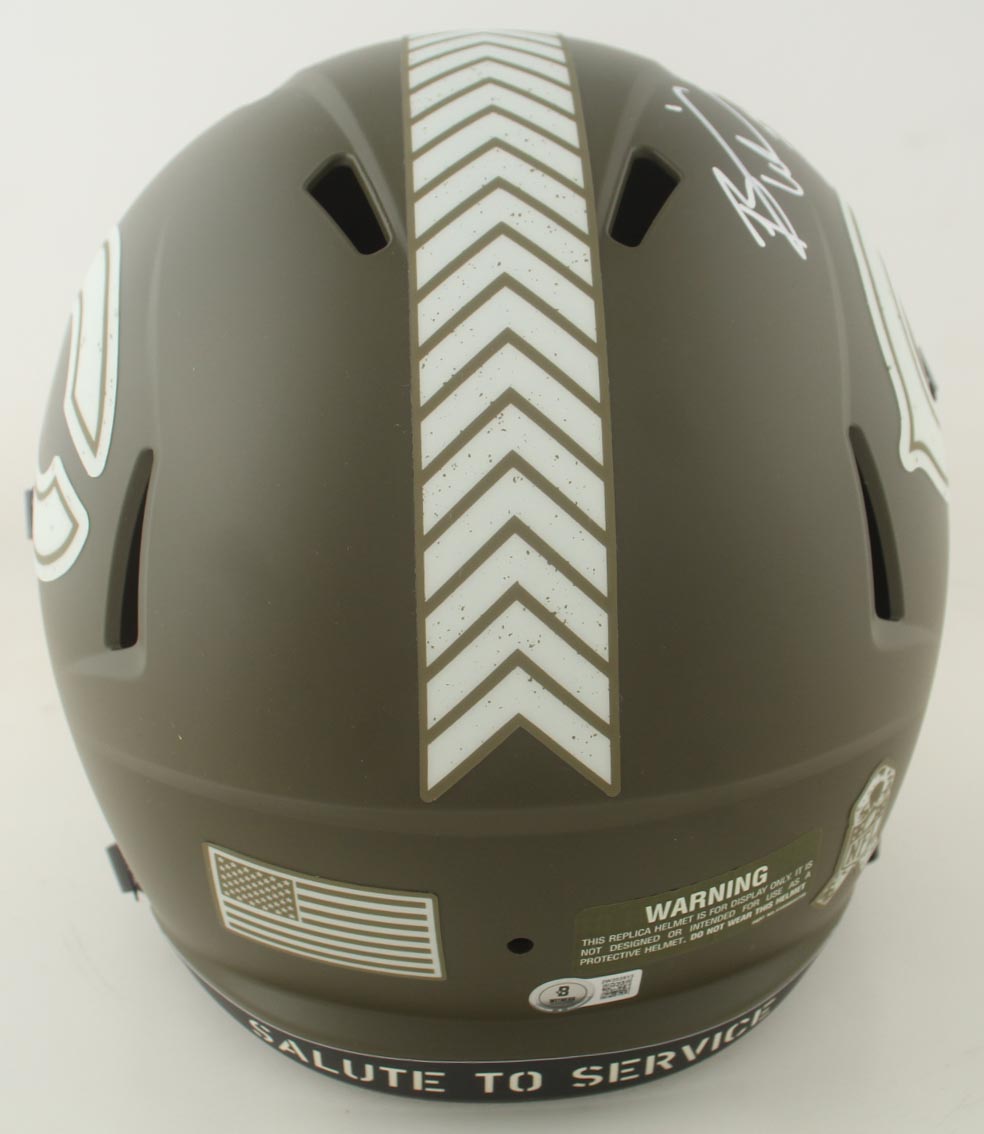 Brian Urlacher Signed Bears Full-Size Salute to Service Alternate Speed Helmet Inscribed "HOF 18" (Beckett) at PristineAuction.com Brian Urlacher Signed Bears Full-Size Salute to Service Alternate Speed Helmet Inscribed "HOF 18" (Beckett) at PristineAuction.com