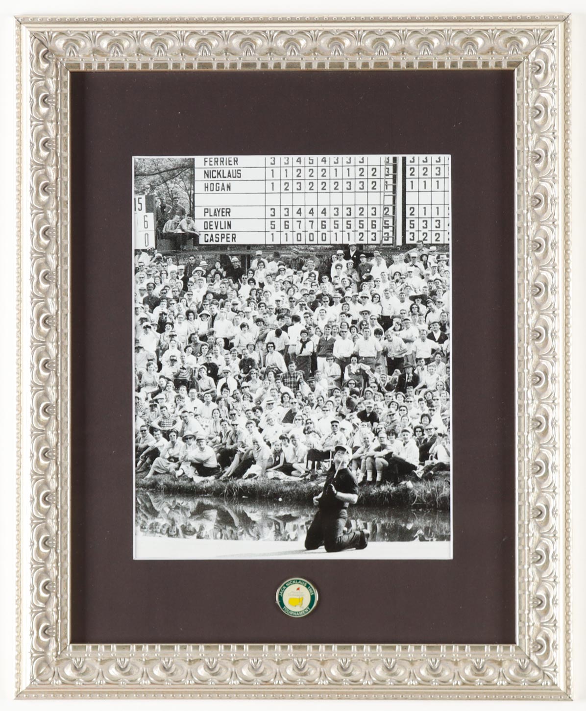 Jack Nicklaus Custom Framed Photo Display With 1965 Masters Tournament Pin at PristineAuction.com Jack Nicklaus Custom Framed Photo Display With 1965 Masters Tournament Pin at PristineAuction.com
