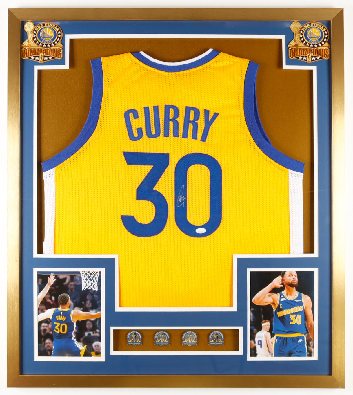 Stephen Curry Signed Warriors Custom Framed Jersey Display with LE Set of (4) 2015, '17, '18, '22 Championship Pins & (2) Cloth 2022 NBA Finals Patches (JSA) at PristineAuction.com Stephen Curry Signed Warriors Custom Framed Jersey Display with LE Set of (4) 2015, '17, '18, '22 Championship Pins & (2) Cloth 2022 NBA Finals Patches (JSA) at PristineAuction.com