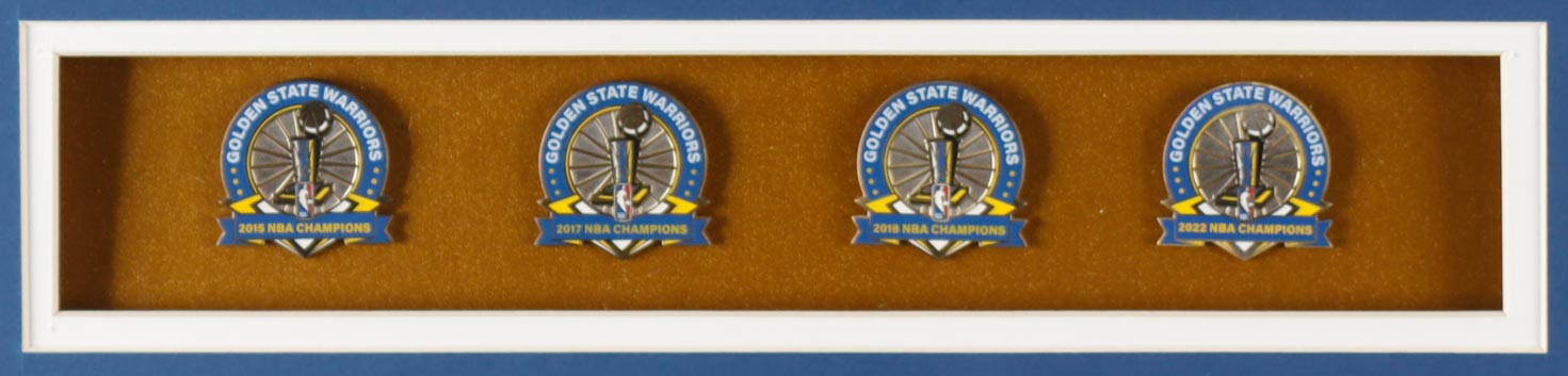 Stephen Curry Signed Warriors Custom Framed Jersey Display with LE Set of (4) 2015, '17, '18, '22 Championship Pins & (2) Cloth 2022 NBA Finals Patches (JSA) at PristineAuction.com Stephen Curry Signed Warriors Custom Framed Jersey Display with LE Set of (4) 2015, '17, '18, '22 Championship Pins & (2) Cloth 2022 NBA Finals Patches (JSA) at PristineAuction.com