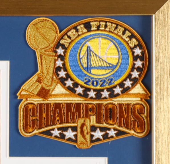 Stephen Curry Signed Warriors Custom Framed Jersey Display with LE Set of (4) 2015, '17, '18, '22 Championship Pins & (2) Cloth 2022 NBA Finals Patches (JSA) at PristineAuction.com Stephen Curry Signed Warriors Custom Framed Jersey Display with LE Set of (4) 2015, '17, '18, '22 Championship Pins & (2) Cloth 2022 NBA Finals Patches (JSA) at PristineAuction.com