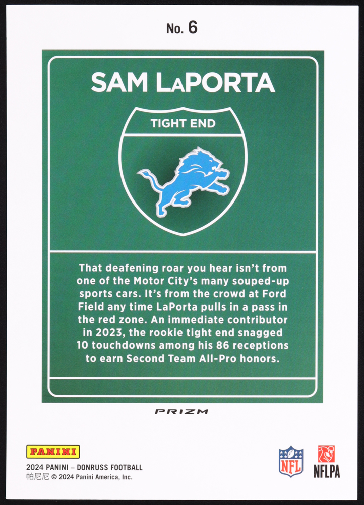 Sam LaPorta 2024 Panini Donruss Football Oversized Downtown Jumbo #6 at PristineAuction.com Sam LaPorta 2024 Panini Donruss Football Oversized Downtown Jumbo #6 at PristineAuction.com