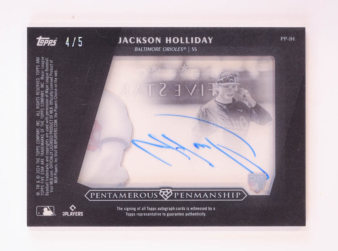 Jackson Holliday 2024 Topps Five Star Pentamerous Penmanship #PPJH RC #4/5 at PristineAuction.com Jackson Holliday 2024 Topps Five Star Pentamerous Penmanship #PPJH RC #4/5 at PristineAuction.com