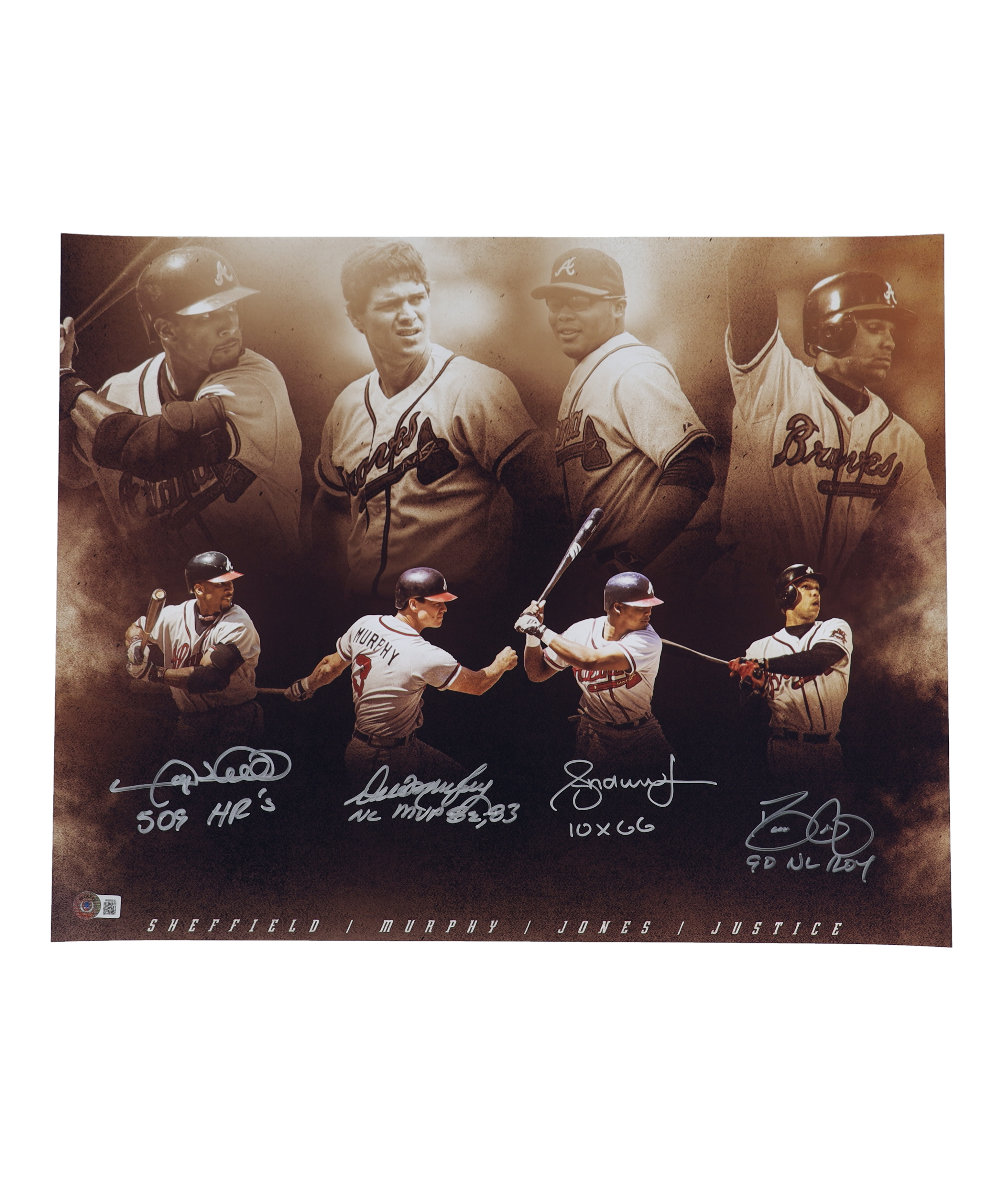 Dale Murphy, David Justice, Andrew Jones & Gary Sheffield Signed Braves 16x20 Photo With (4) Career Stat Inscriptions (Beckett) at PristineAuction.com Dale Murphy, David Justice, Andrew Jones & Gary Sheffield Signed Braves 16x20 Photo With (4) Career Stat Inscriptions (Beckett) at PristineAuction.com