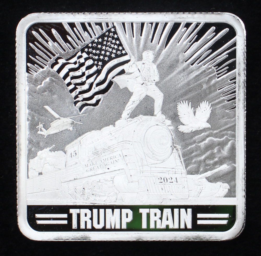Trump Train - Donald Trump 1 Ounce .999 Fine Silver Bullion Bar at PristineAuction.com Trump Train - Donald Trump 1 Ounce .999 Fine Silver Bullion Bar at PristineAuction.com