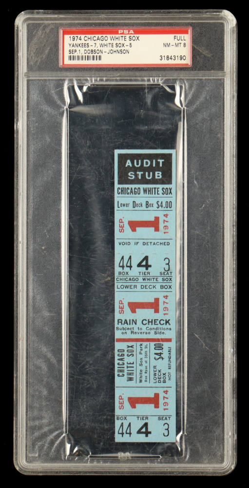 1974 Yankees vs White Sox Pat Dobson vs Bart Johnson Game Ticket (PSA 8) at PristineAuction.com 1974 Yankees vs White Sox Pat Dobson vs Bart Johnson Game Ticket (PSA 8) at PristineAuction.com
