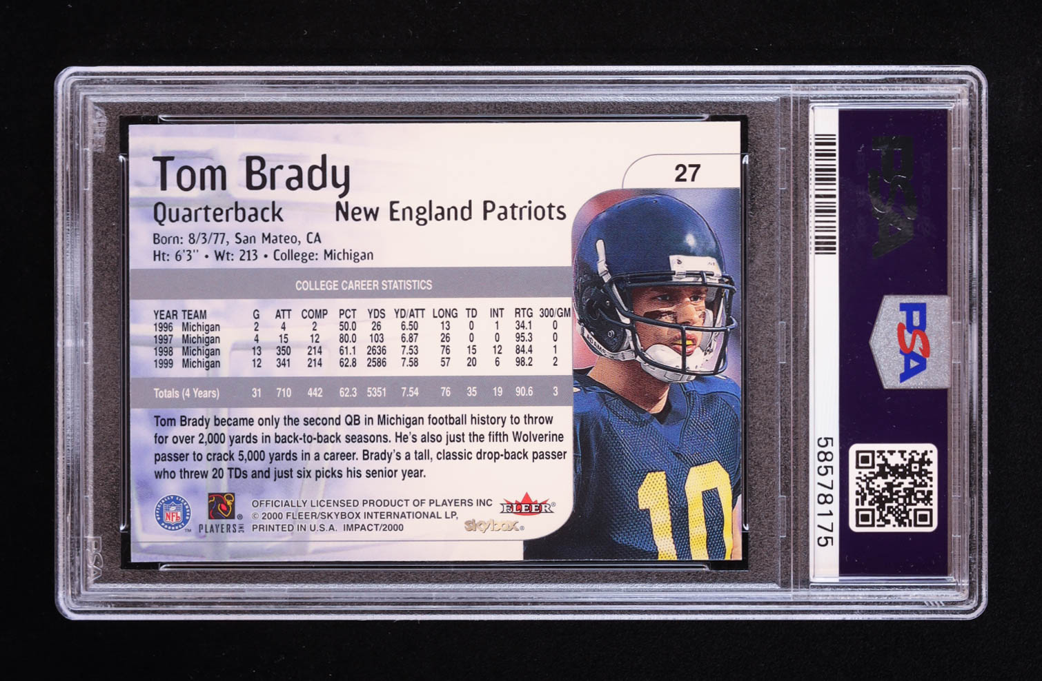 Tom Brady 2000 SkyBox Impact #27 RC (PSA 9) at PristineAuction.com Tom Brady 2000 SkyBox Impact #27 RC (PSA 9) at PristineAuction.com