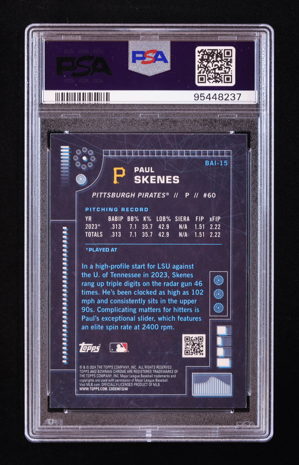 Paul Skenes 2024 Bowman Chrome AI #BAI15 RC (PSA 10) at PristineAuction.com Paul Skenes 2024 Bowman Chrome AI #BAI15 RC (PSA 10) at PristineAuction.com