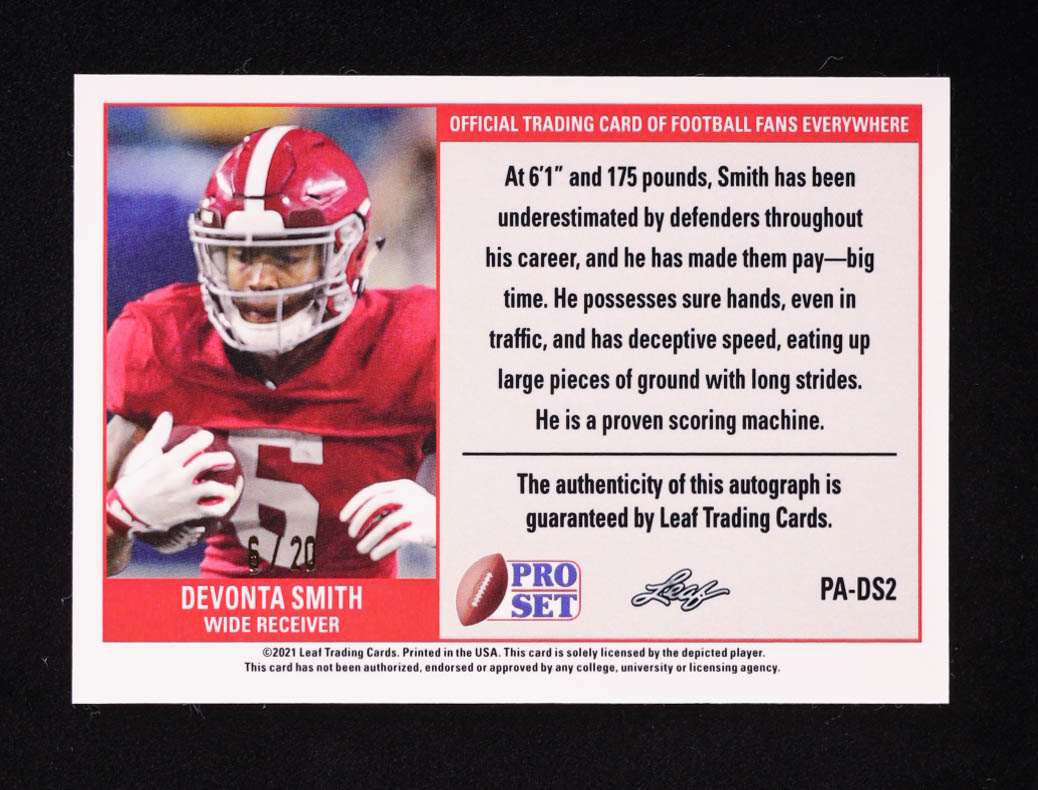 DeVonta Smith 2021 Pro Set Autographs Prismatic Silver #PADS2 RC #6/20 at PristineAuction.com DeVonta Smith 2021 Pro Set Autographs Prismatic Silver #PADS2 RC #6/20 at PristineAuction.com