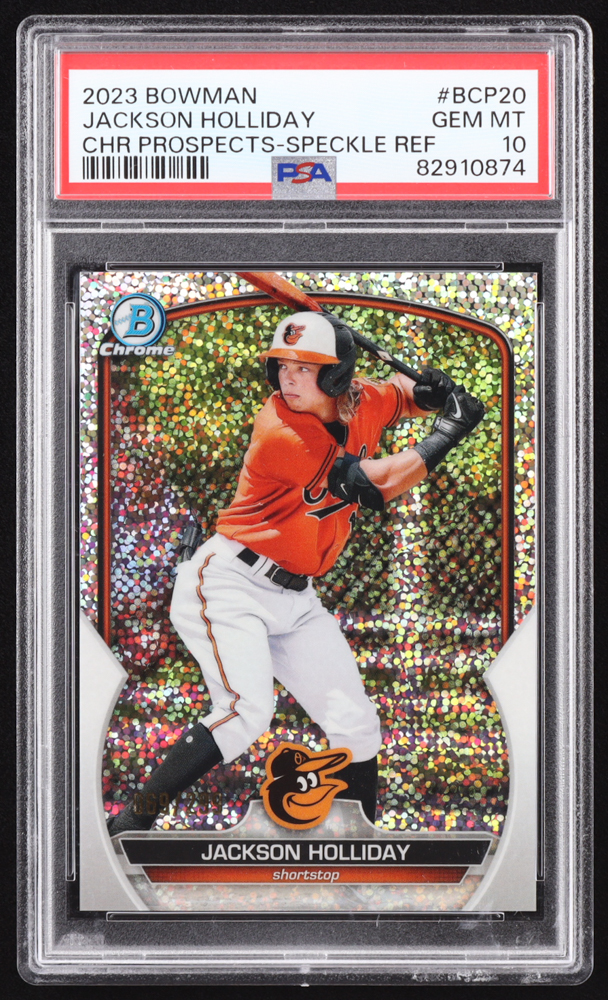 Jackson Holliday 2023 Bowman Chrome Prospects Speckle Refractors #BCP20 RC #069/299 (PSA 10) at PristineAuction.com Jackson Holliday 2023 Bowman Chrome Prospects Speckle Refractors #BCP20 RC #069/299 (PSA 10) at PristineAuction.com