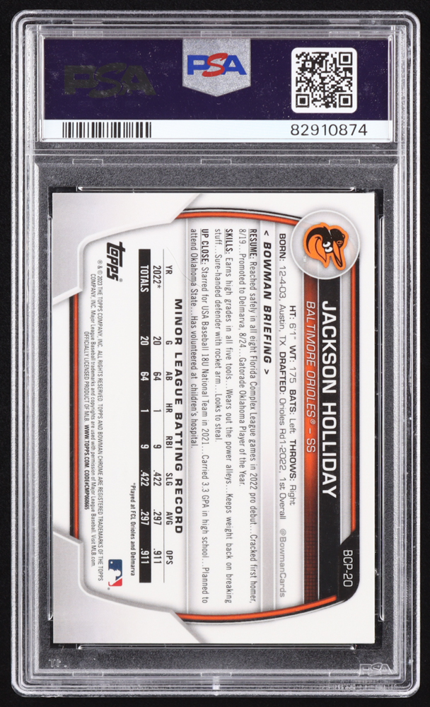 Jackson Holliday 2023 Bowman Chrome Prospects Speckle Refractors #BCP20 RC #069/299 (PSA 10) at PristineAuction.com Jackson Holliday 2023 Bowman Chrome Prospects Speckle Refractors #BCP20 RC #069/299 (PSA 10) at PristineAuction.com