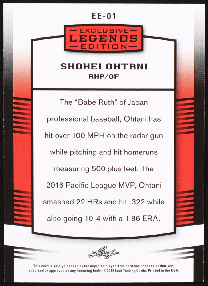 Shohei Ohtani 2018 Leaf Ohtani Legends Exclusive Edition #EE01 RC at PristineAuction.com Shohei Ohtani 2018 Leaf Ohtani Legends Exclusive Edition #EE01 RC at PristineAuction.com