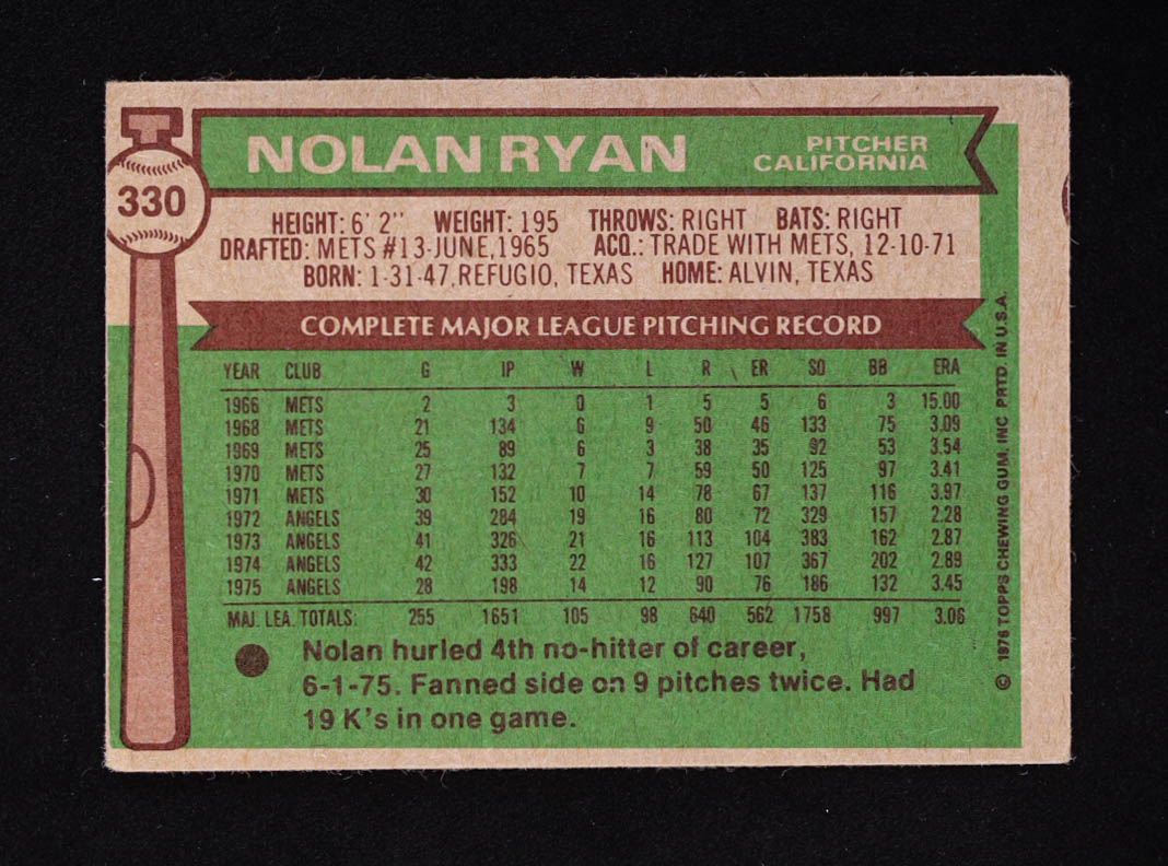 Nolan Ryan 1976 Topps #330 at PristineAuction.com Nolan Ryan 1976 Topps #330 at PristineAuction.com
