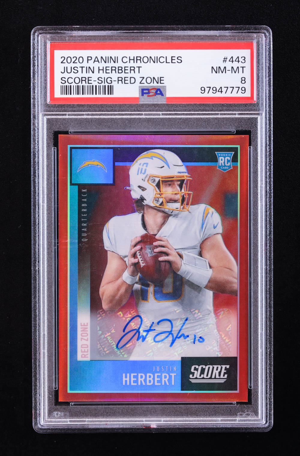 Justin Herbert 2020 Score Rookie Autographs Red Zone #443 RC / CHRONICLES #10/20 (PSA 8) at PristineAuction.com Justin Herbert 2020 Score Rookie Autographs Red Zone #443 RC / CHRONICLES #10/20 (PSA 8) at PristineAuction.com