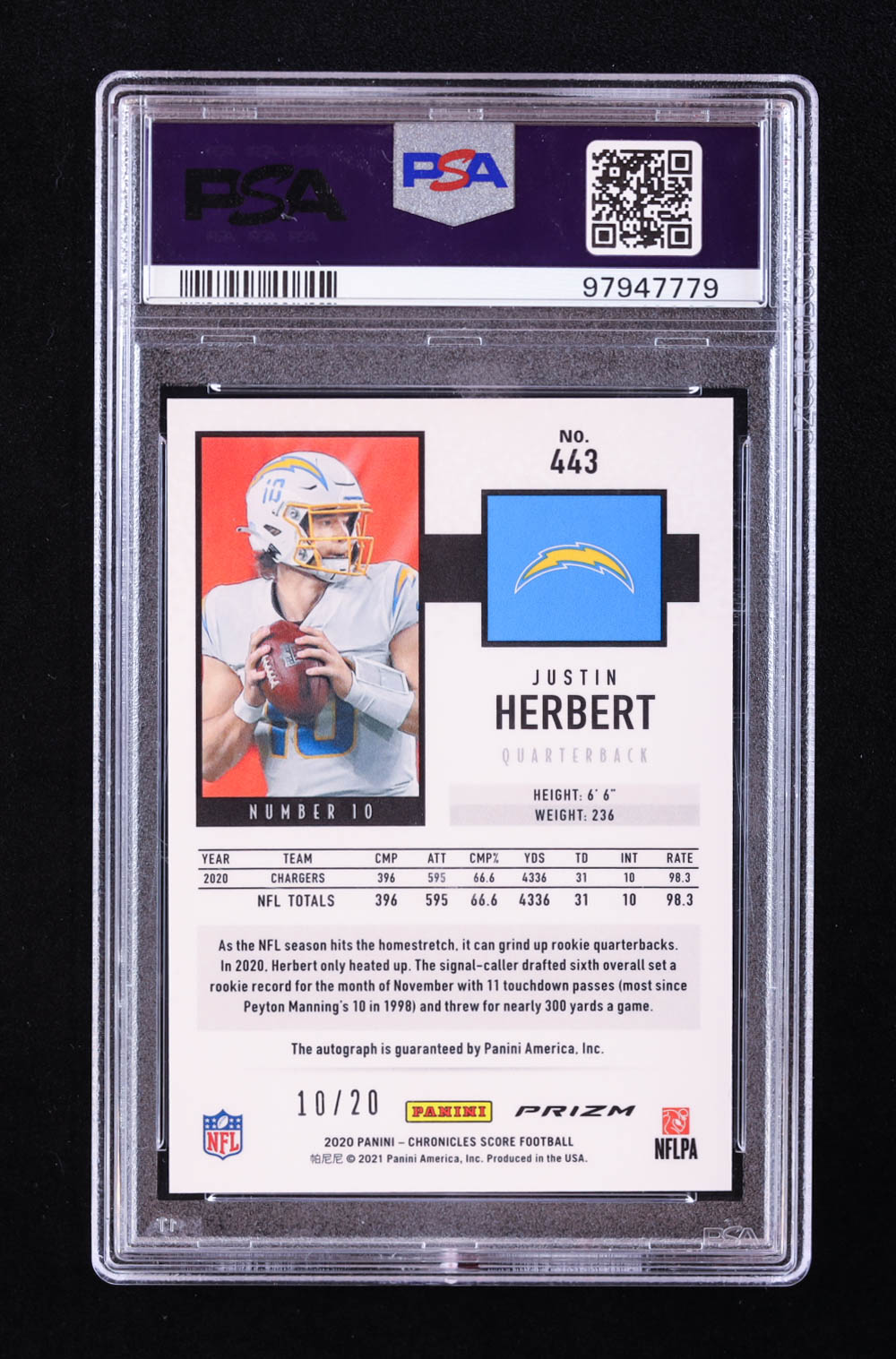 Justin Herbert 2020 Score Rookie Autographs Red Zone #443 RC / CHRONICLES #10/20 (PSA 8) at PristineAuction.com Justin Herbert 2020 Score Rookie Autographs Red Zone #443 RC / CHRONICLES #10/20 (PSA 8) at PristineAuction.com