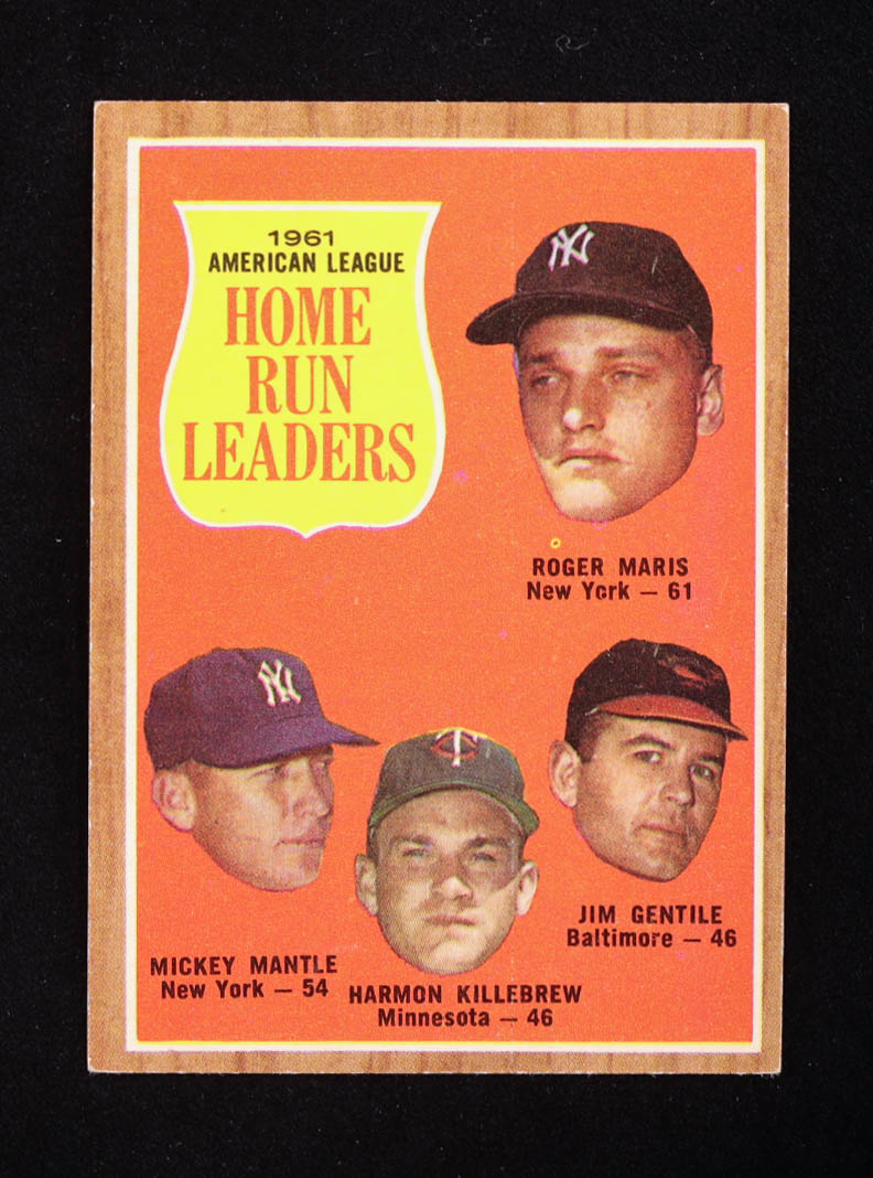 Roger Maris / Mickey Mantle / Jim Gentile / Harmon Killebrew 1962 Topps #53 AL Home Run Leaders at PristineAuction.com Roger Maris / Mickey Mantle / Jim Gentile / Harmon Killebrew 1962 Topps #53 AL Home Run Leaders at PristineAuction.com