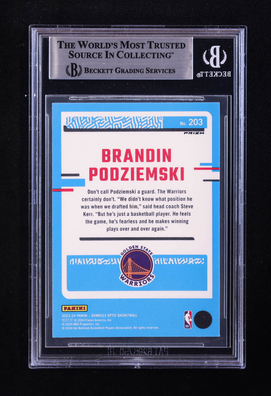 Brandin Podziemski Signed 2023-24 Donruss Optic Blue Velocity #203 RR RC (BGS) at PristineAuction.com Brandin Podziemski Signed 2023-24 Donruss Optic Blue Velocity #203 RR RC (BGS) at PristineAuction.com