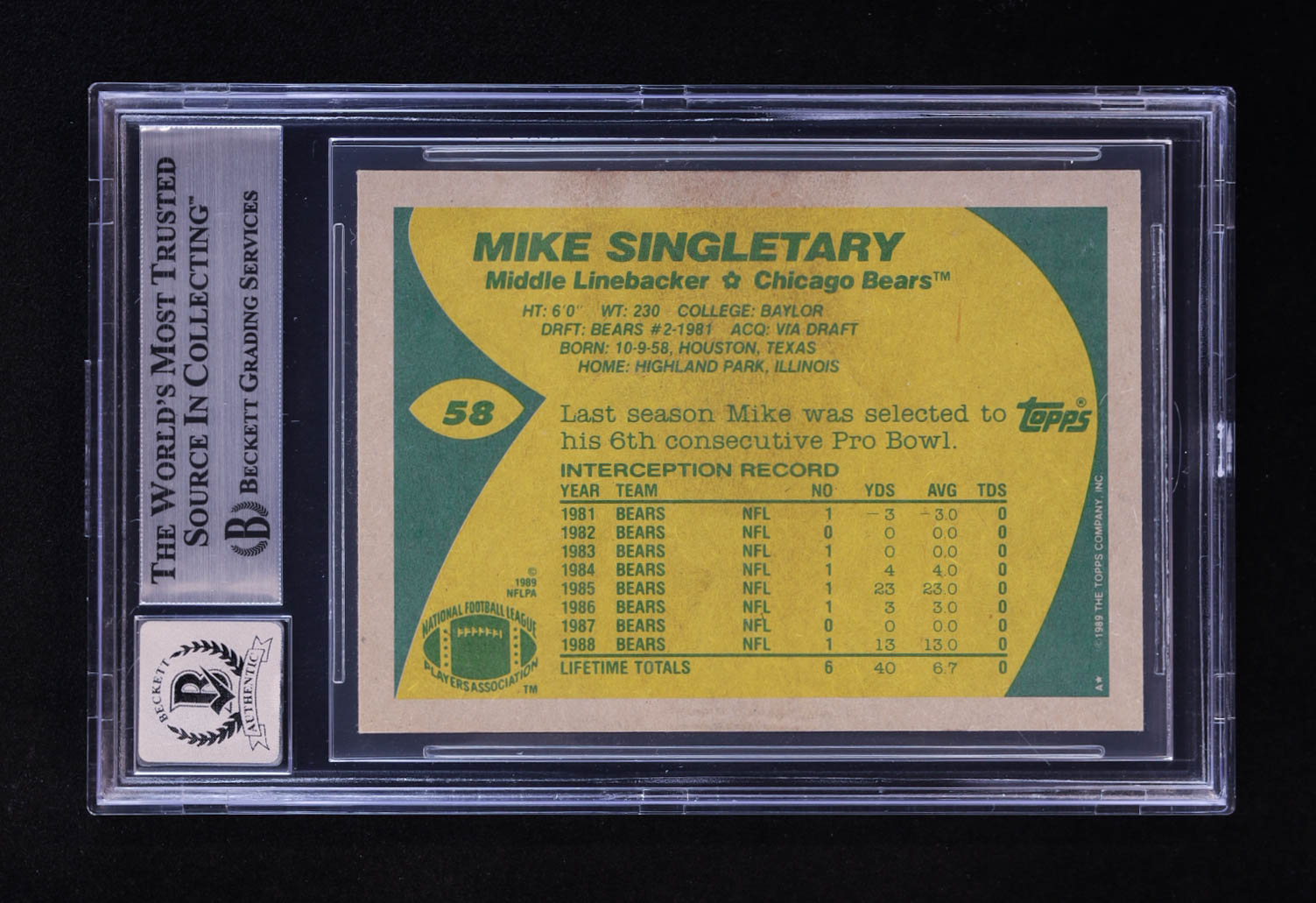Mike Singletary Signed 1989 Topps #58 (BGS | Auto 10) at PristineAuction.com Mike Singletary Signed 1989 Topps #58 (BGS | Auto 10) at PristineAuction.com