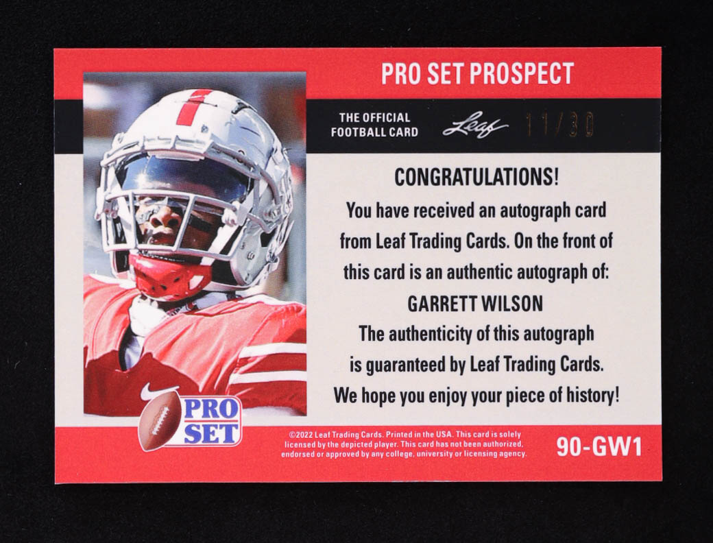 Garrett Wilson 2022 Pro Set '90 Pro Set Prospect Autographs Crystal Silver #90GW1 RC #11/30 at PristineAuction.com Garrett Wilson 2022 Pro Set '90 Pro Set Prospect Autographs Crystal Silver #90GW1 RC #11/30 at PristineAuction.com