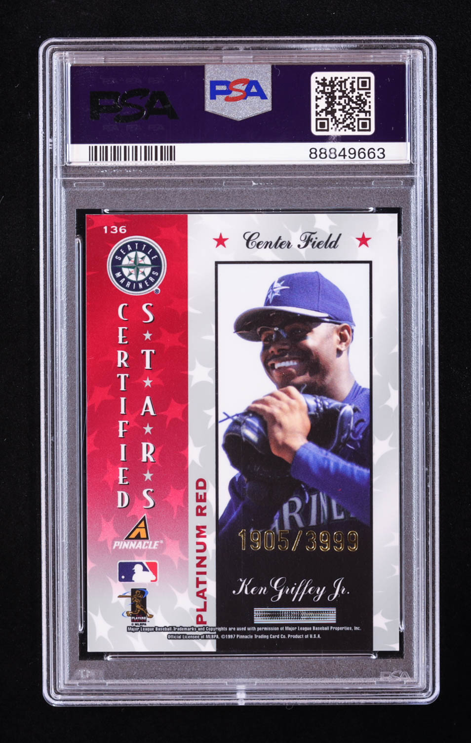 Ken Griffey Jr. 1997 Pinnacle Totally Certified Platinum Red #136 CERT #1905/3999 (PSA 10) at PristineAuction.com Ken Griffey Jr. 1997 Pinnacle Totally Certified Platinum Red #136 CERT #1905/3999 (PSA 10) at PristineAuction.com
