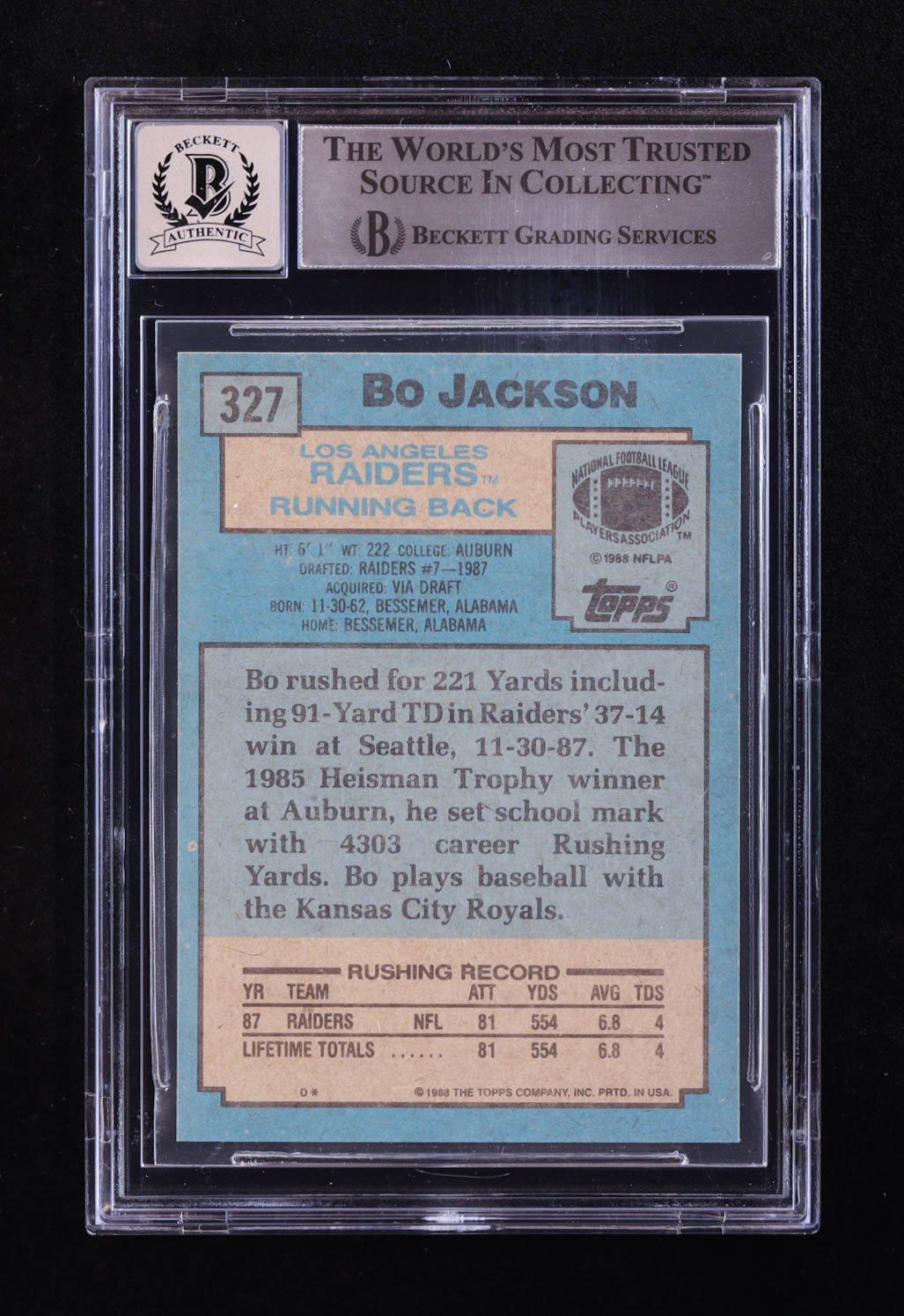 Bo Jackson Signed 1988 Topps #327 SR RC (BGS | Auto 10) at PristineAuction.com Bo Jackson Signed 1988 Topps #327 SR RC (BGS | Auto 10) at PristineAuction.com