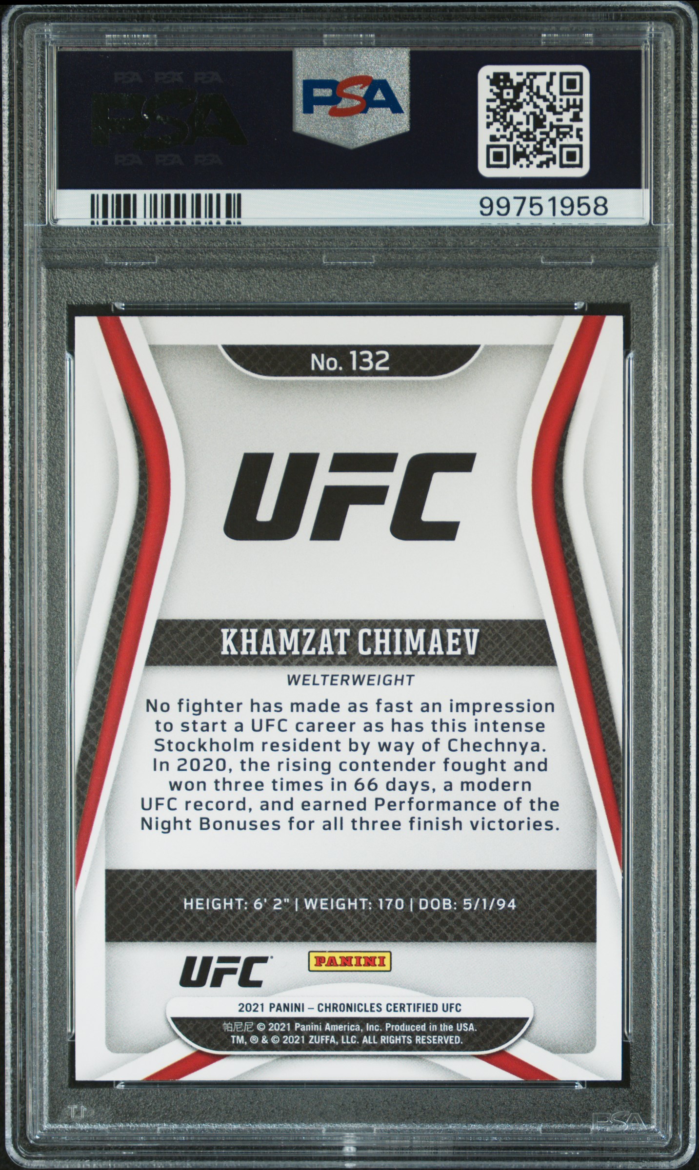 Khamzat Chimaev 2021 Chronicles UFC #132 RC (PSA 10) at PristineAuction.com Khamzat Chimaev 2021 Chronicles UFC #132 RC (PSA 10) at PristineAuction.com