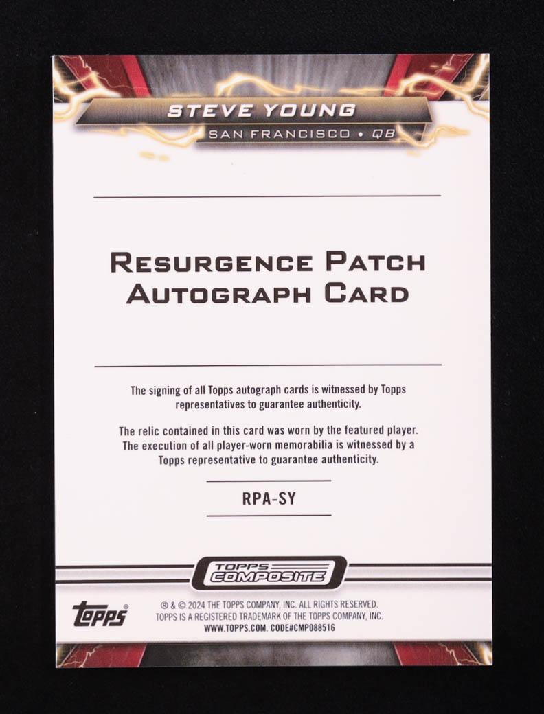 Steve Young 2023 Topps Composite Resurgence Patch Autographs Red #RPASY #1/5 at PristineAuction.com Steve Young 2023 Topps Composite Resurgence Patch Autographs Red #RPASY #1/5 at PristineAuction.com