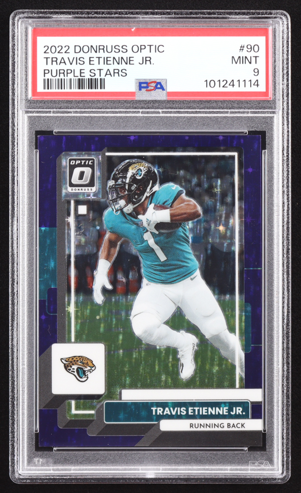 Travis Etienne Jr. 2022 Donruss Optic Purple Stars #90 #05/15 (PSA 9) at PristineAuction.com Travis Etienne Jr. 2022 Donruss Optic Purple Stars #90 #05/15 (PSA 9) at PristineAuction.com