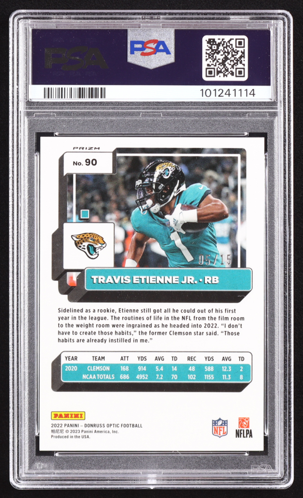 Travis Etienne Jr. 2022 Donruss Optic Purple Stars #90 #05/15 (PSA 9) at PristineAuction.com Travis Etienne Jr. 2022 Donruss Optic Purple Stars #90 #05/15 (PSA 9) at PristineAuction.com