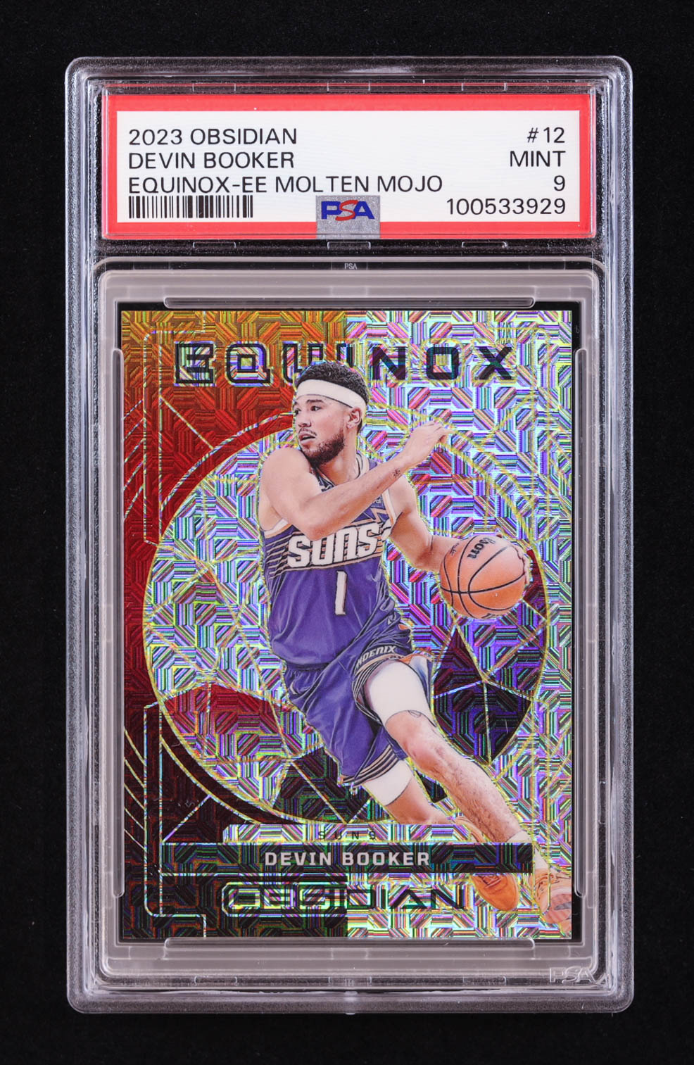 Devin Booker 2023-24 Panini Obsidian Equinox Electric Etch Molten Mojo #12 #10/10 (PSA 9) at PristineAuction.com Devin Booker 2023-24 Panini Obsidian Equinox Electric Etch Molten Mojo #12 #10/10 (PSA 9) at PristineAuction.com